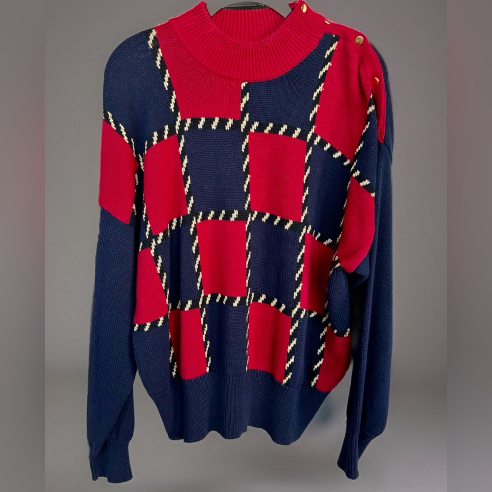 Vintage Anne Klein Sadimara Mock Neck Sweater Red/Blue/Gold Checkerboard Large